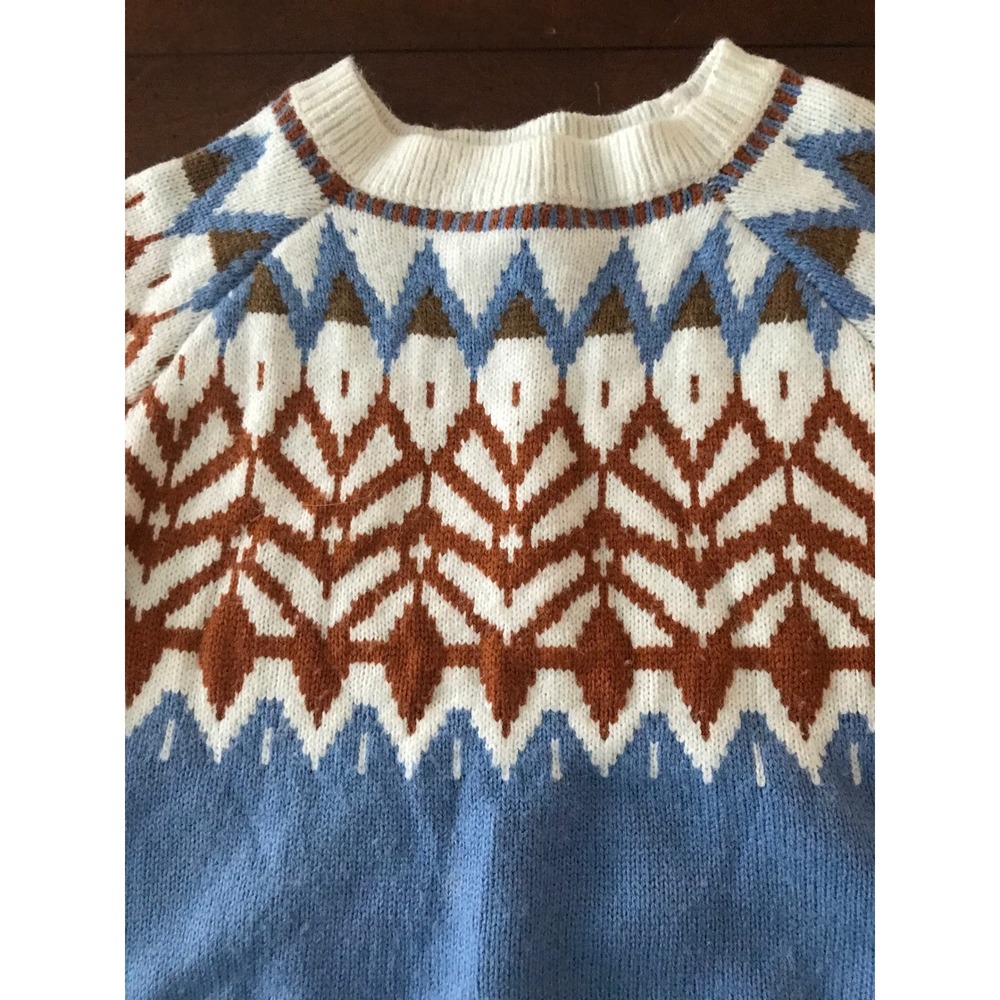 Women's Fair Isle Knit Sweater Blue Brown‎ White Pullover Long Sleeve Size L - Picture 3 of 7